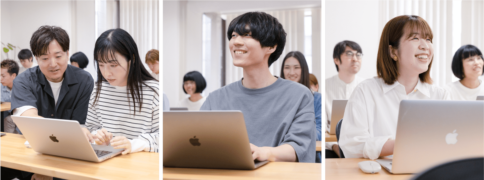 教室でノートパソコンを使っている学生たちの様子。左：男性が女性に教えている。中央：若い男性が笑顔で作業。右：女性が笑顔で前方を見ている。背景に他の学生もいる。